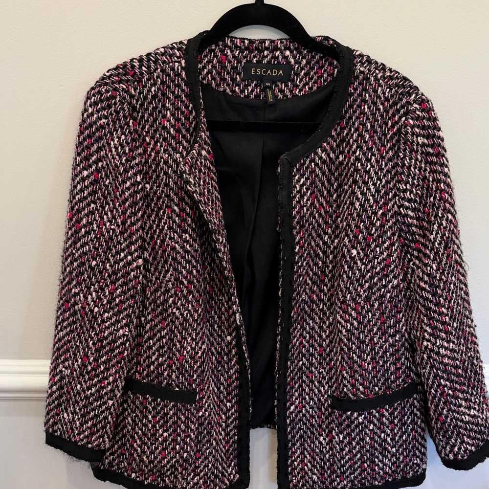 Escada Black, Pink & White Tweed Open-Front Jacket